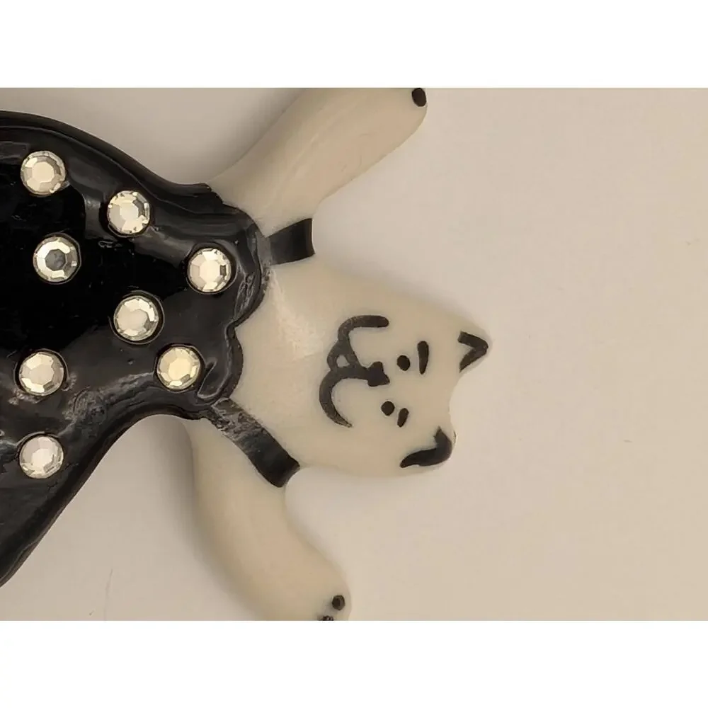 Whimsical Ceramic Dancing Cat Pin White and Black Rhinestone Polka Dot Dress